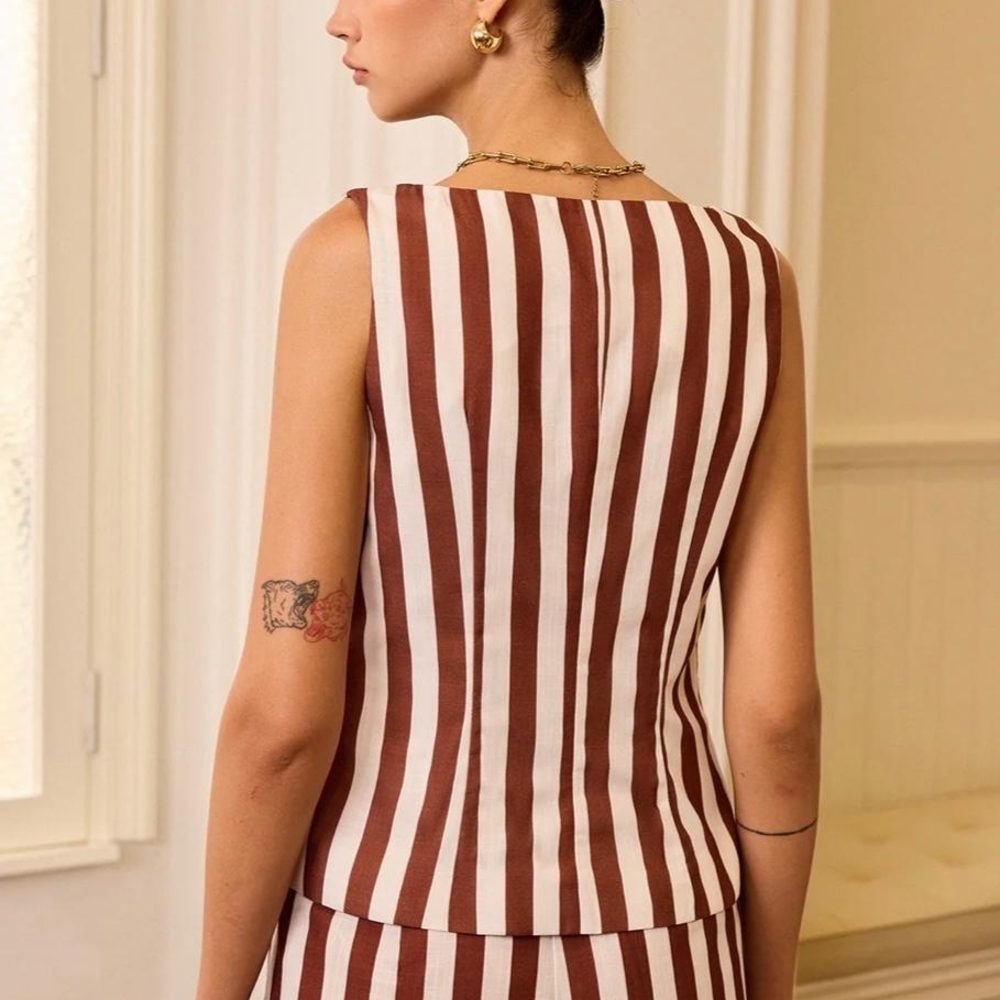 Commense Striped Brown and White Summer Sleeveless Top - Picture 4 of 6